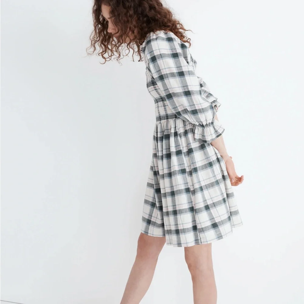 Madewell Women’s Lucie Elbow-Sleeve Smocked Mini Dress in Lebaum Plaid Small S - Picture 2 of 11